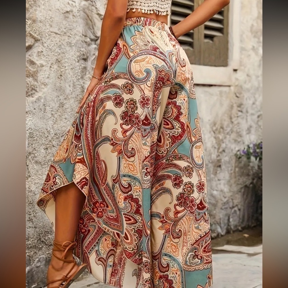 Wide Leg Pants Boho Chic Vintage Paisley Loose Fit Elegant Large Lightweight NEW - Picture 2 of 15